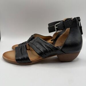 Miz Mooz Cassie Black Leather Ruched Ankle‎ Strap Block Heel Sandals 39